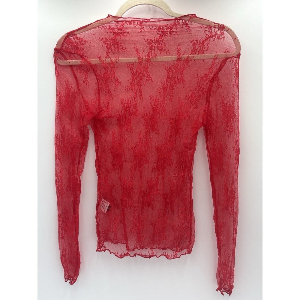 MEROKEETY Red Sheer Lace Top Long Sleeve Y2K Mesh Stretch Fitted‎ Size M - Picture 2 of 6